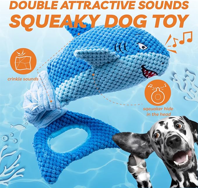 LEGEND SANDY Squeaky Dog Toys for Large Dogs – Interactive Plush Shark Toy with Crinkle & Tug of War Tail, Puppy Chew Toys for Small Medium Large Breeds