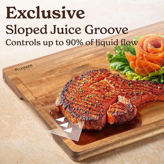 SMIRLY Acacia Wood Cutting Board - 4 Pack Cutting Board Set with Stand | Non Toxic Wooden Cutting Boards with Juice Grooves and Handles, Multiple Sizes Chopping Board for Meal Prep & Charcuterie