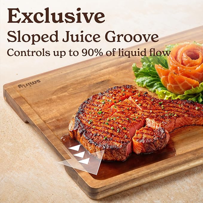 SMIRLY Acacia Wood Cutting Board - 2 Pack Cutting Boards for Kitchen | Non Toxic Acacia Cutting Board with Juice Grooves and Handles, Multiple Sizes Chopping Board for Meal Prep & Charcuterie