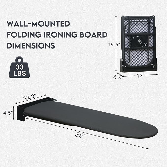 Wall Mounted Ironing Board,Space-Saving Compact Wall Mount Fold Down Iron Board for Laundry Room, 36" x 12", Black