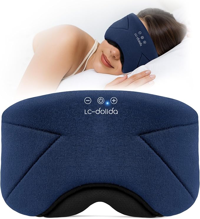 Sleep Mask with Headphones Bluetooth 5.4, LC-dolida Wireless Music Eye Mask for Sleeping Headphones with Soft Bamboo Cotton Cooling Breathable,Ultra-Thin Stereo Speaker for Side Sleepers-Blue