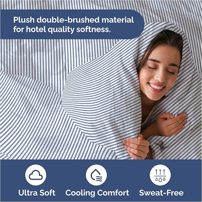 Duvet Cover King Size Set - Extra Soft King Duvet Cover 104" x 90" with 2 Pillow Shams for Women, Men, Kids & Teens - Hotel Luxury w/ Zipper Closures & Ties - Comfy, Cozy & Breathable (Blue Stripes)