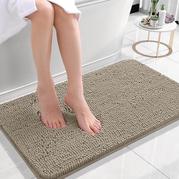OLANLY Small Bathroom Rugs 24x16, Extra Soft Absorbent Chenille Bath Rugs, Rubber Backing Quick Dry, Machine Washable Bath Mats for Bathroom Floor, Tub and Shower, Home Decor Accessories, Warm Taupe