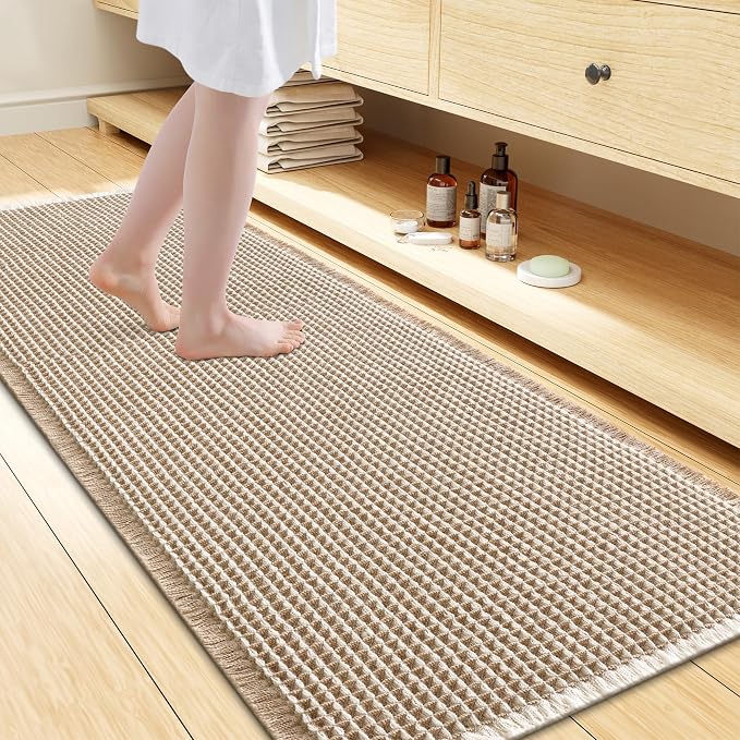 Smiry Waffle Bath Mat 60x24, Extra Soft Absorbent Bathroom Rugs, Non Slip Machine Washable Quick Dry Bath Rugs for Bathroom Floor, Tub, Shower, Home Decor Accessories, Brown & Cream