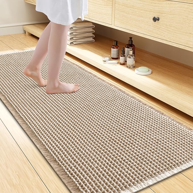 Smiry Waffle Bath Mat 47x24, Extra Soft Absorbent Bathroom Rugs, Non Slip Machine Washable Quick Dry Bath Rugs for Bathroom Floor, Tub, Shower, Home Decor Accessories, Brown & Cream