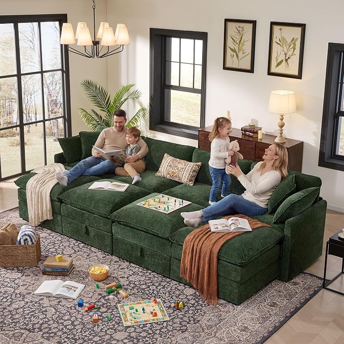 Ihanherry 135” Oversized Sectional Sofa Bed with Storage, 8-Seater Modular Cloud Couch with Movable Ottomans, Chenille Deep Seat Sleeper Couches for Living Room (Green)
