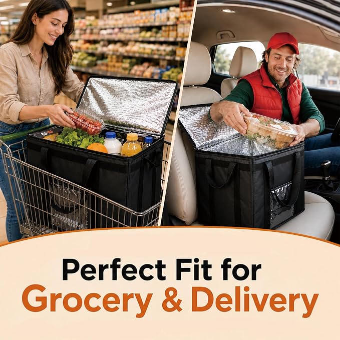 Insulated Food Bag, Portable Cooler Tote (Medium, Black, 1 Pack) | Thermal bag, For cold and hot food, Soft sided cooler, Heavy duty 3-layered tote, Grocery shopping, Beach or travel bag