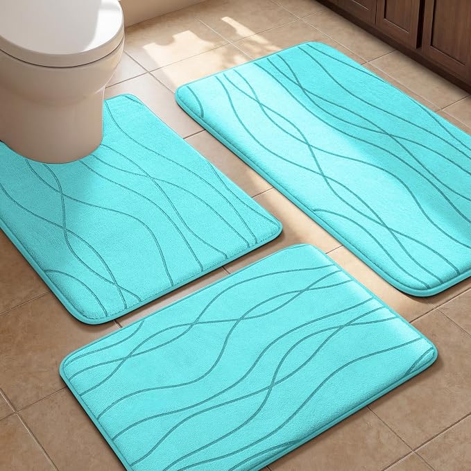 YIHOUSE Bathroom Rugs Set 3 Piece, Memory Foam Bath Mat Teal | Ultra Soft, Absorbent, Non-Slip, Machine Washable, for Bathroom, Sink and Toilet