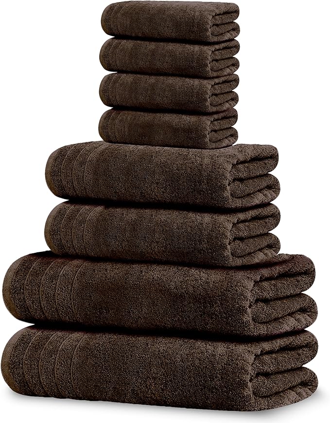 Tens Towels 8 Piece Towel Set, 2 XL Bath, 2 Hand, 4 Washcloth, Brown | 100% Cotton, Lighter Weight, Quicker to Dry, Super Absorbent, Perfect for Bathroom