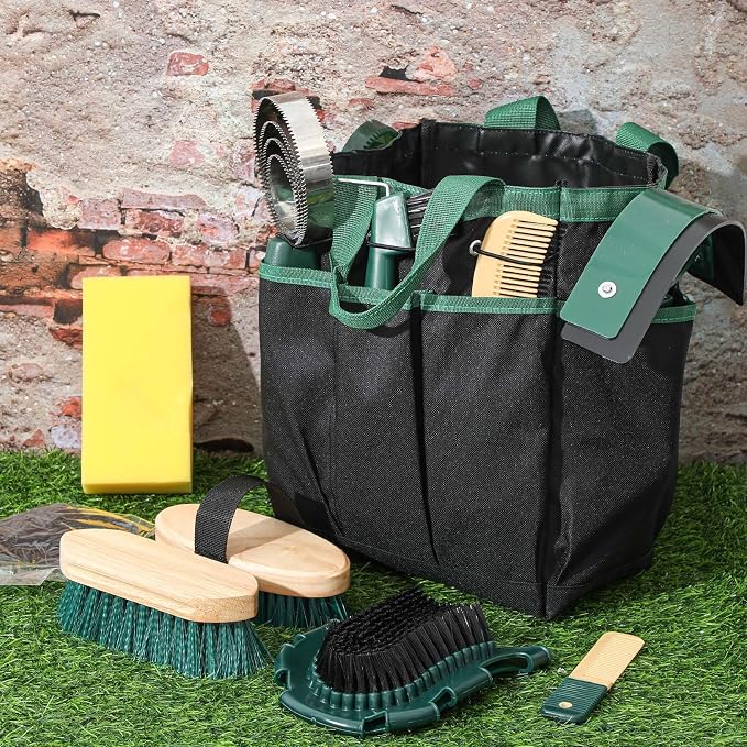 Abbylike 12 Piece Horse Grooming Kit with Organizer Tote Bag Brush Sets for Derby Day Show Horses Professional Tools for Care & Massage(Khaki and Green)