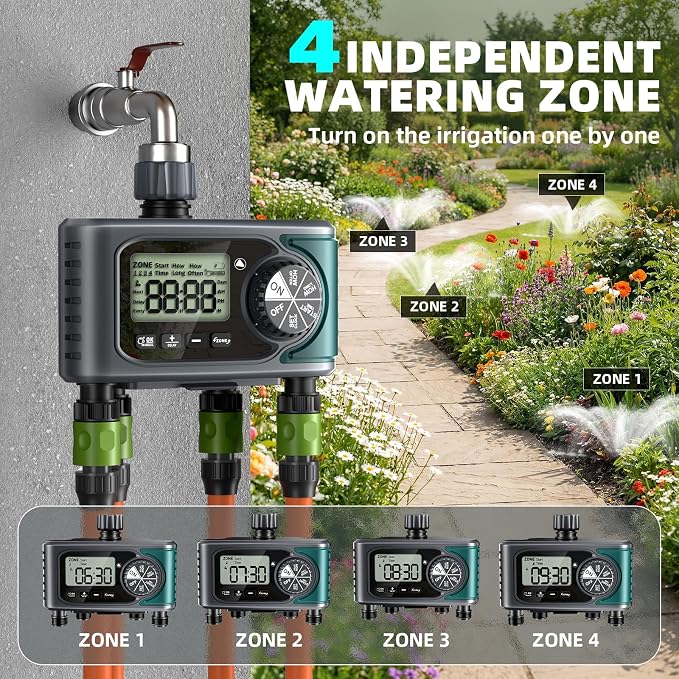 Sprinkler Timer 4 Zone, Programmable Water Timer for Garden Hose with Rain Delay, Manual and Automatic Irrigation Controller System, 4 Outlets Timed Irrigation Controller System for Lawn
