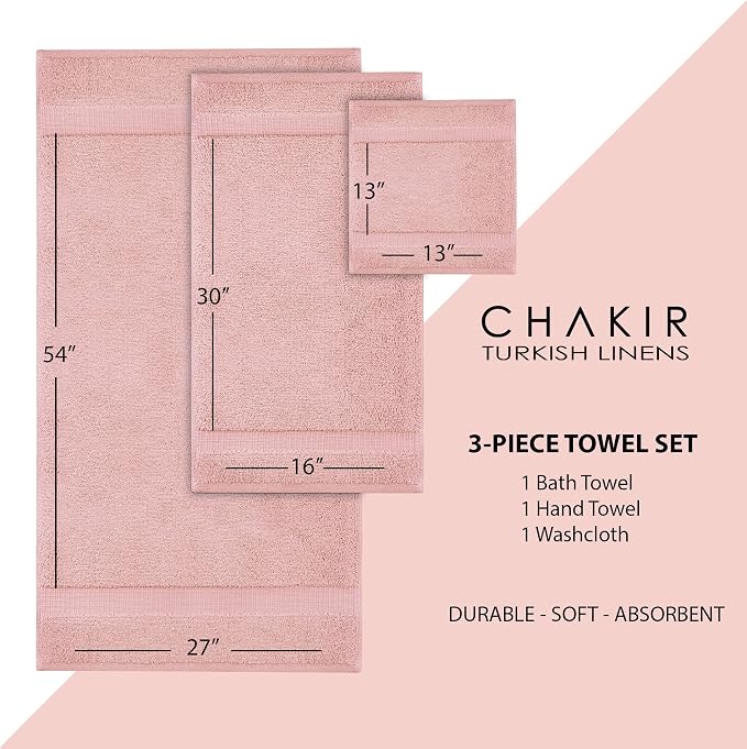 Chakir Turkish Linens Personalized 3 Piece Towel Set, 100% Cotton Luxury Turkish Towels for Bathroom, Soft Absorbent Towel Set with Bath Towel Hand Towel and Washcloth, Pink