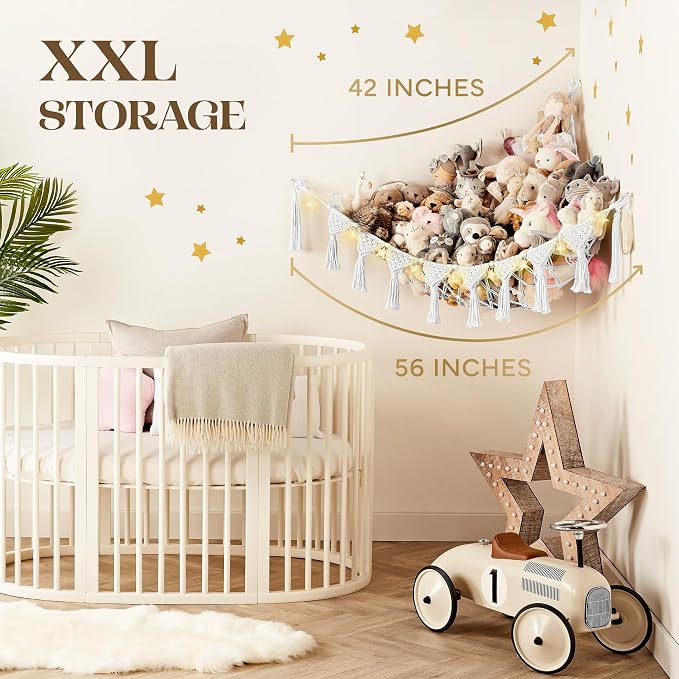 TIDYTEDS Snow White Macrame DreamLights Boho Stuffed Animal Storage Net (Extra Large) and Hammock for Small Plushies - Pure Cotton