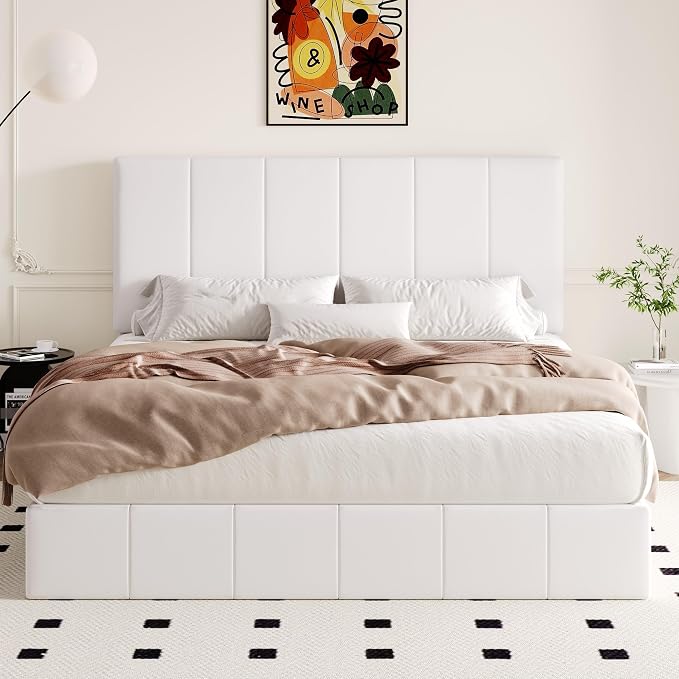 Allewie King Size Velvet Lift Up Hydrualic Storage Bed Frame, White | Vertical Channel Tufted Headboard, Hydrualic Underneath Storage, Upholstered Platform Bed, No Box Spring Needed