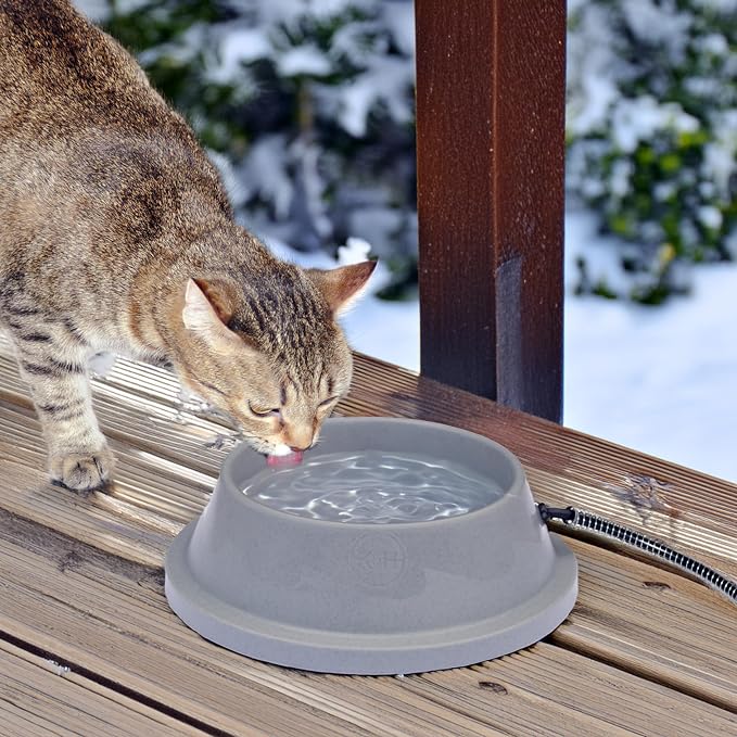 K&H Heated Water Bowl, Thermal-Bowl for Cats & Dogs, Safety Listed 12W | Outdoor Water Stays Unfrozen In Winter. Outdoor Heated Dog Dish for Pets, Automatic No Freeze, Anti Chew Cord, 32 Ounces Gray