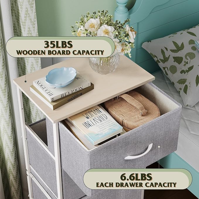 WLIVE Small Dresser Nightstand for Bedroom, 4 Drawers, Light Grey | 4 vertical fabric drawers, Space-saving tower, Bedroom or closet use, Chest of drawers, Dresser for small spaces