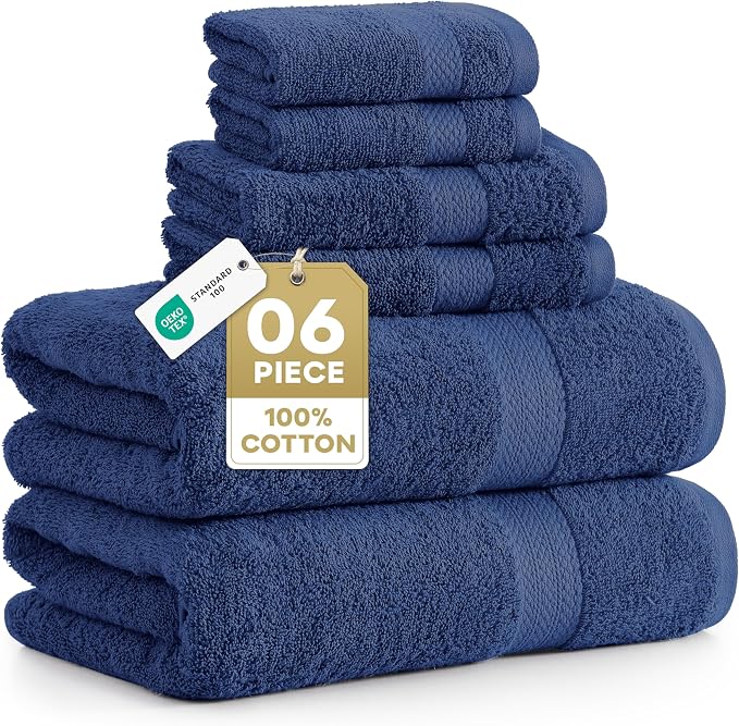 LANE LINEN Bath Towel Set Absorbent Quick Dry 100% Cotton 6 Piece - Navy | Cotton Towels For Bathroom - OEKO-TEX Certified, Ring-Spun Durability, Ring-Spun Cotton, Terry Weave Comfort