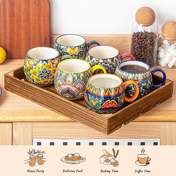 Henten Home Ceramic Coffee Mug Set of 6, 20 oz Colorful Coffee Cup with Handle, Boho Porcelian Mug for Cappuccino, Latte, Tea, Hot Chocolate, Cocoa, Microwave & Dishwasher Safe