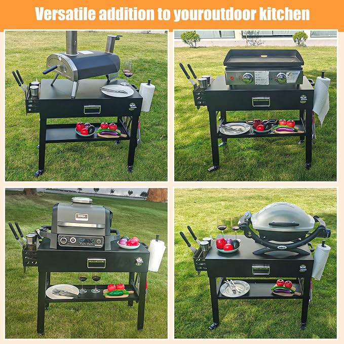 Quick-Fold Grill Cart for Ninja Woodfire & Blackstone | 28/34 in height,4 locking wheels,fits to griddles,pizza ovens and tabletop grills