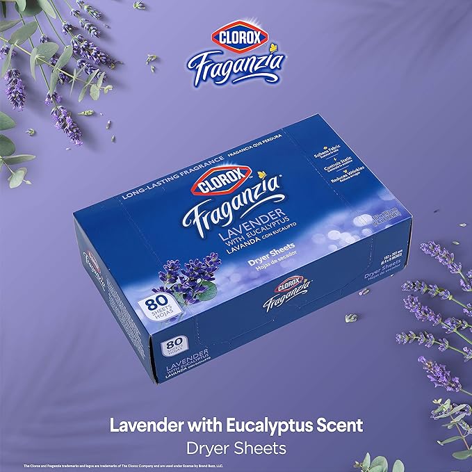 Clorox Fraganzia Fabric Softener Dryer Sheets Wrinkle Reducing Anti Static Laundry Dryer Sheets Great Smelling Clothes Softens Fabrics Lavender with Eucalyptus Scent 80 Count Home Dorm Laundry Room
