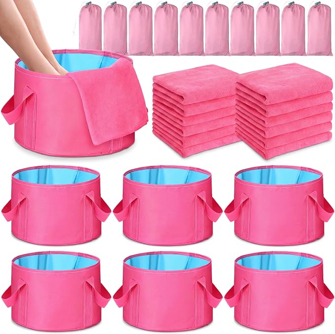 FillTouch 12 Set/ 24 Pcs 15L Foldable Foot Soaking Tub Kit Portable Foot Bath Tub for Soaking Feet with Towel and Storage Bag Soak Spa Bucket for Travel Camping (Rose Red)
