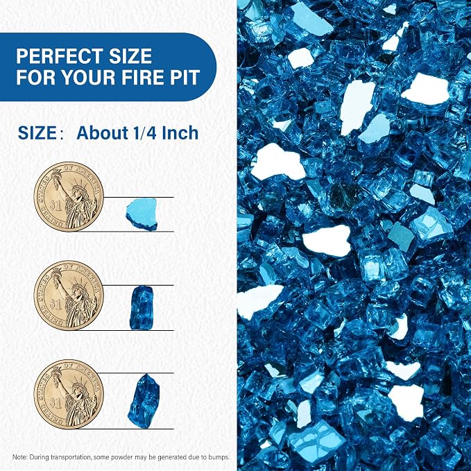 NUPICK 20 Pound Fire Glass, 1/4 Inch Reflective Fire Pit Glass | Fire Pit Rocks for Propane or Natural Gas, Glass Rocks for Fire Pit Table, Fireplace, Fire Bowl, Pacific Blue Reflective