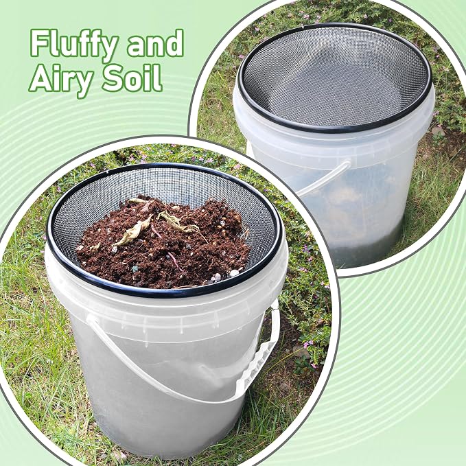 11.8" W Soil Sifter for Gardening, 2mm Grid Rock Sifter for 5 Gallon Bucket, Stainless Steel Fine Dirt Sifter, Compost Sifter for Capturing Dirt, Sand, Rocks, and Filtering Compost (Black)