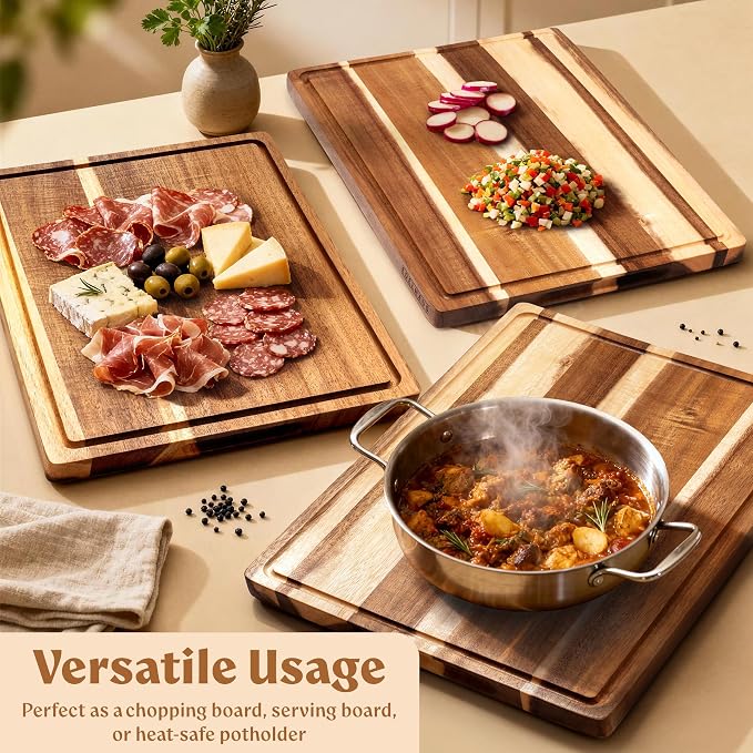 Extra Large Acacia Wood Cutting Board 17x13, Juice Groove | FSC-certified wooden chopping board; knife-friendly, large kitchen boards for meat, cheese, charcuterie & serving