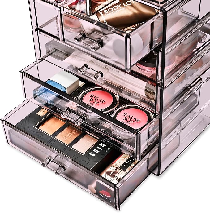 Sorbus Acrylic Makeup Organizer Set, 6-Drawer Vanity & Countertop Cosmetic Storage with Small & Wide Drawers, Purple Makeup Storage for Brushes, Lipsticks, Jewelry – Holiday Gift for Women & Teens
