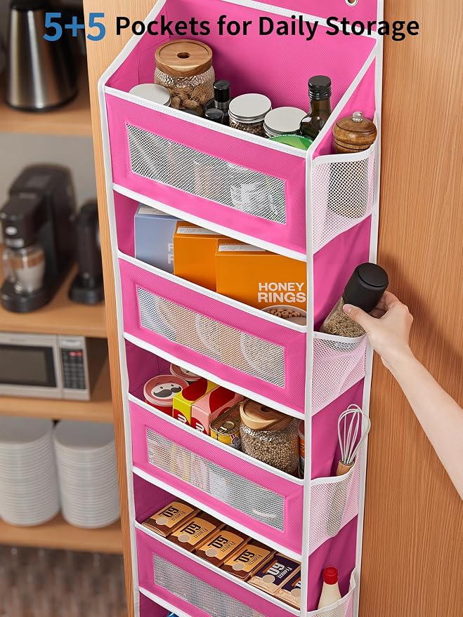 JARLINK Over the Door Organizer for Bedroom, Bathroom, 5 Shelf Rose Pink | Anti-Tilt Design, 44 lb Load Capacity, Hanging Door Organizer with 5 Large Capacity Pockets, Behind Door Storage for Nursery