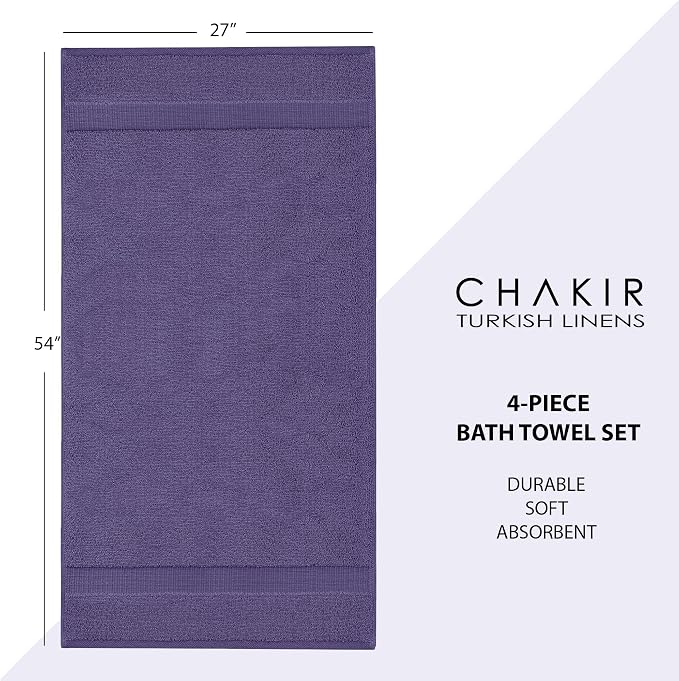 Chakir Turkish Linens 4 Piece Bath Towel Set, 100% Cotton Luxury Turkish Towels for Bathroom, Soft Absorbent Bath Towels, 27 x 54 Inches, Plum