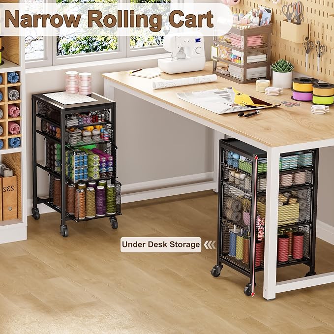 Slim Rolling Storage Cart with Drawers, Under Desk Storage with Wooden Tabletop & Lockable Wheels, 4-Tier Storage Drawers for Bathroom, Craft, Office, Black