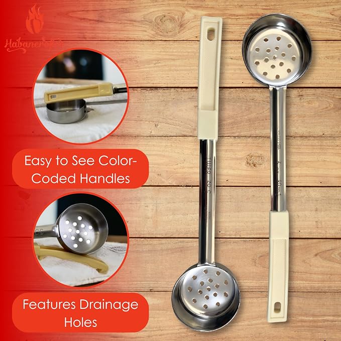 3 oz Slotted Stainless Steel Portion Control Ladle Spoon | Commercial-Grade Spoodle for Portioning & Draining - Pasta, Veggies & Buffet Service. Color-Coded by Size. Dishwasher Safe.