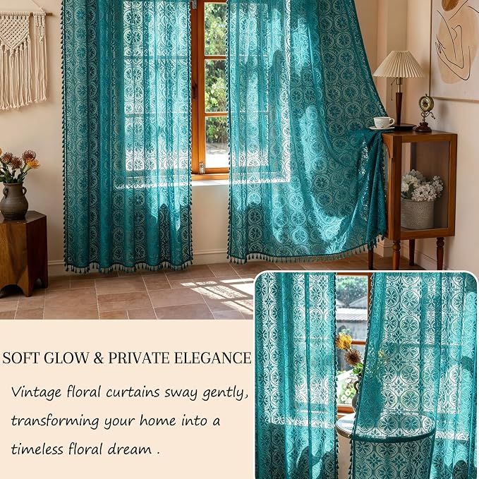 Sutuo Home Teal Sheer Lace Boho Curtains 84 inches Long 2 Panel for Bedroom | Victorian Privacy Cottagecore Vintage Tassels Light Filtering Floral Window Curtains Drape Christmas Decor Rod Pocket,50" W