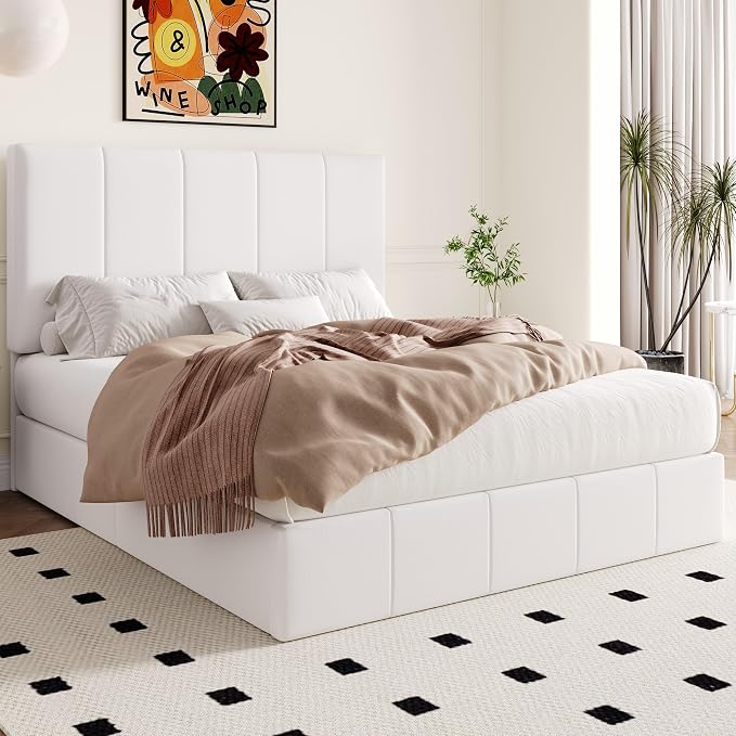 Allewie Full Size Velvet Lift Up Hydrualic Storage Bed Frame, White | Vertical Channel Tufted Headboard, Hydrualic Underneath Storage, Upholstered Platform Bed, No Box Spring Needed