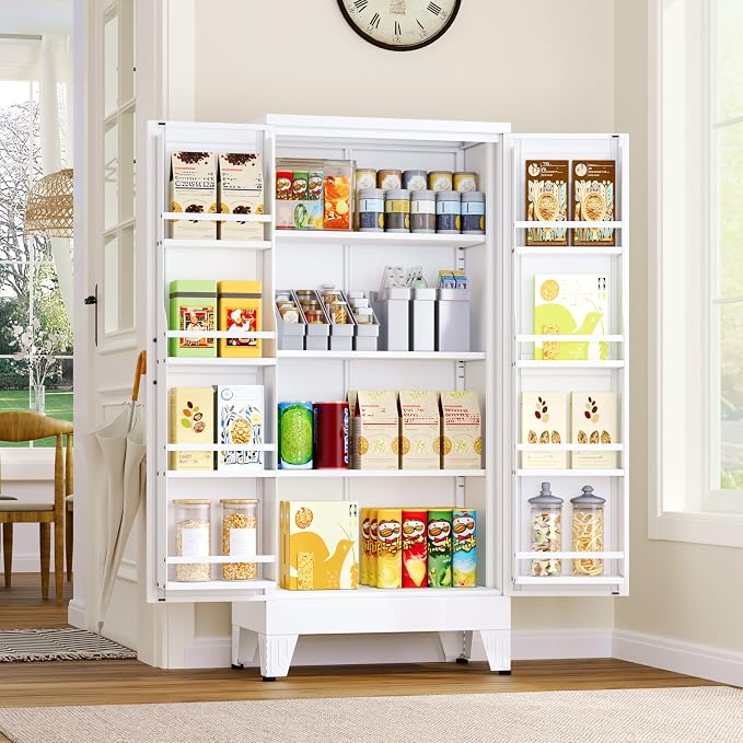GAIOUS Metal Kitchen Pantry Cabinet, Food Storage Cabinets White Cupboard | Storage Cabinet with 2 Door and 3 Adjustable Shelves, Freestanding Steel Sideboard, with Door Shelf, for Kitchen Dinning Room