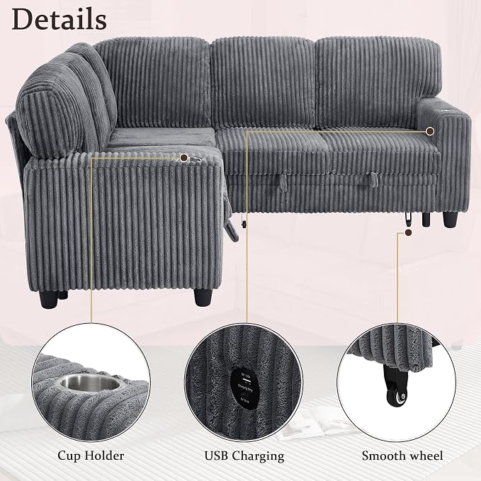L-Shaped Sectional Sleeper Sofa with Pull Out Bed, Dark Grey | Plush Corduroy Modular Couch with Storage, USB Charging, Cup Holders – Cozy Cloud Couches for Living Room, Easy Assembly