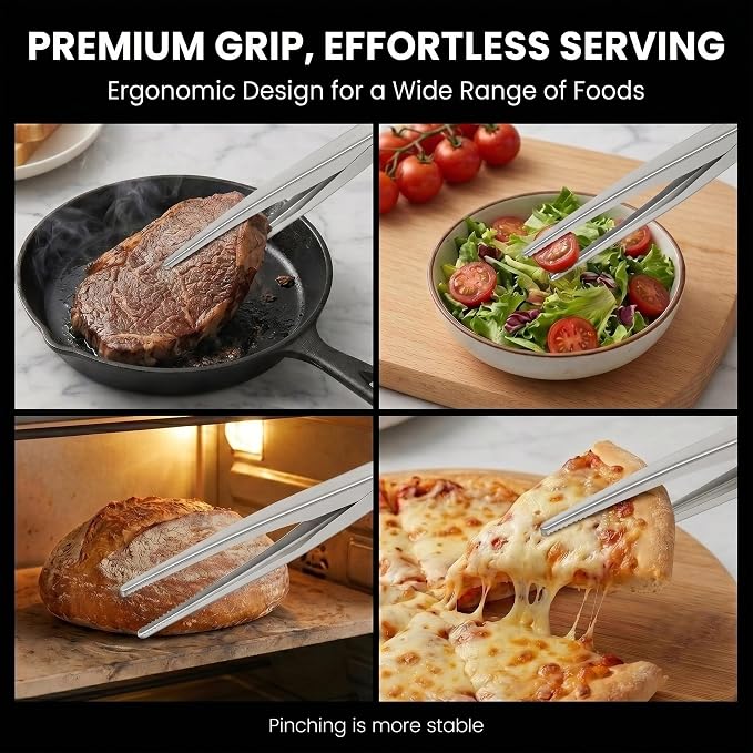 Stainless Steel Tongs 2-Pack, 11-inch Pull-Ring Locking Cooking Tongs with Non-Slip Precision Serrated Tips, Food Grade Heavy Duty Grill Tongs for BBQ, Air Fryer, Bacon, Steaks, Cooking