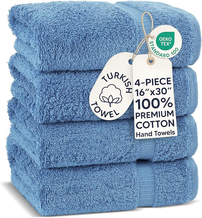 Chakir Turkish Linens 4 Piece Hand Towels, 100% Cotton Turkish Towels for Bathroom, Luxury Soft Absorbent Hand Towel Set, 16 x 30 Inches, Wedgewood