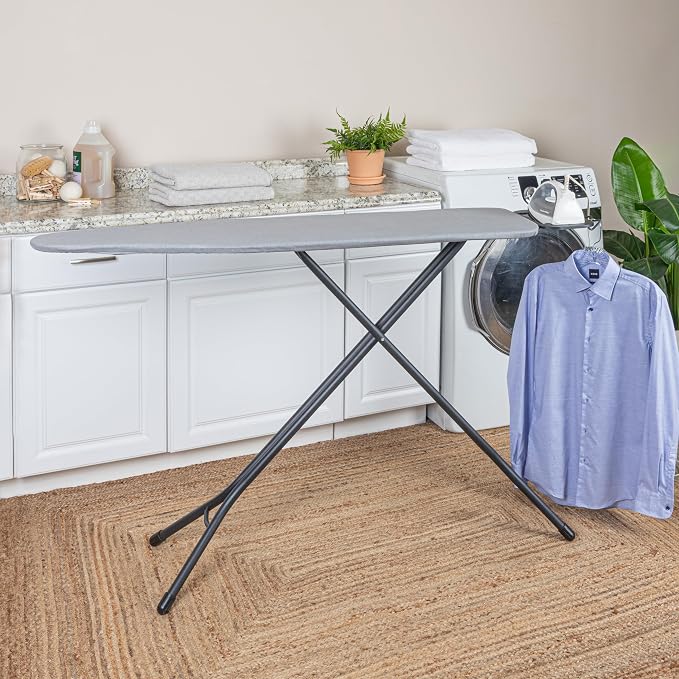 Household Essentials Ultra Ironing Board, 4-Leg, with Steel Top and Iron Rest, Cotton Cover with Fiber Pad, Heat and Stain Resistant, Matte Black Frame, Grey Cover