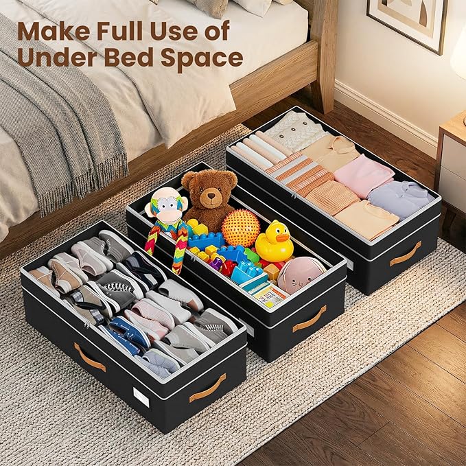 80L 2 Pack Adjustable Under Bed Storage with Wheels | Underbed containers with clear lids, rolling under bed shoe storage organizer for dorm home clothes, blankets, toys, black