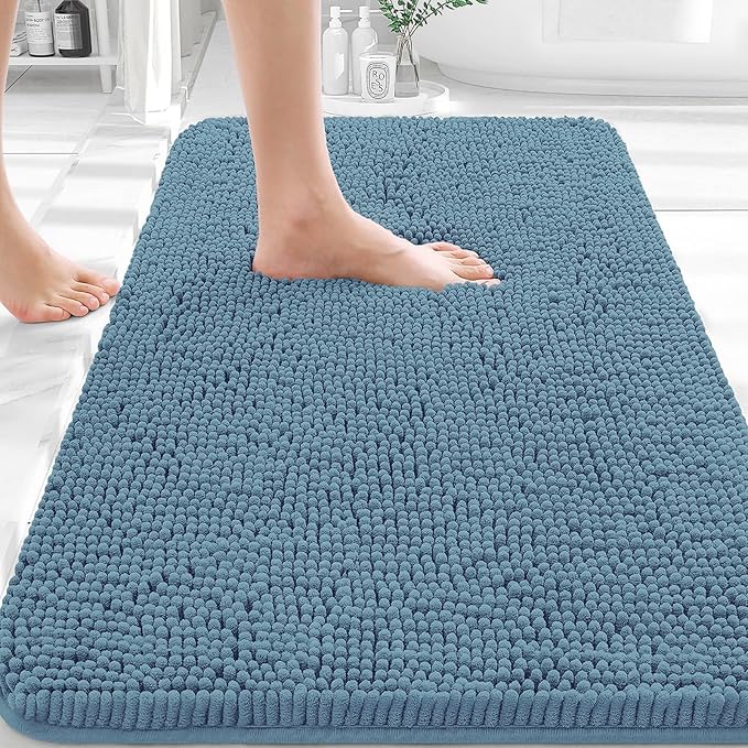 OLANLY Bathroom Rugs 32x20, Extra Soft Absorbent Chenille Bath Rugs, Rubber Backing Quick Dry, Machine Washable Bath Mats for Bathroom Floor, Tub and Shower, Home Decor Accessories, Airy Blue