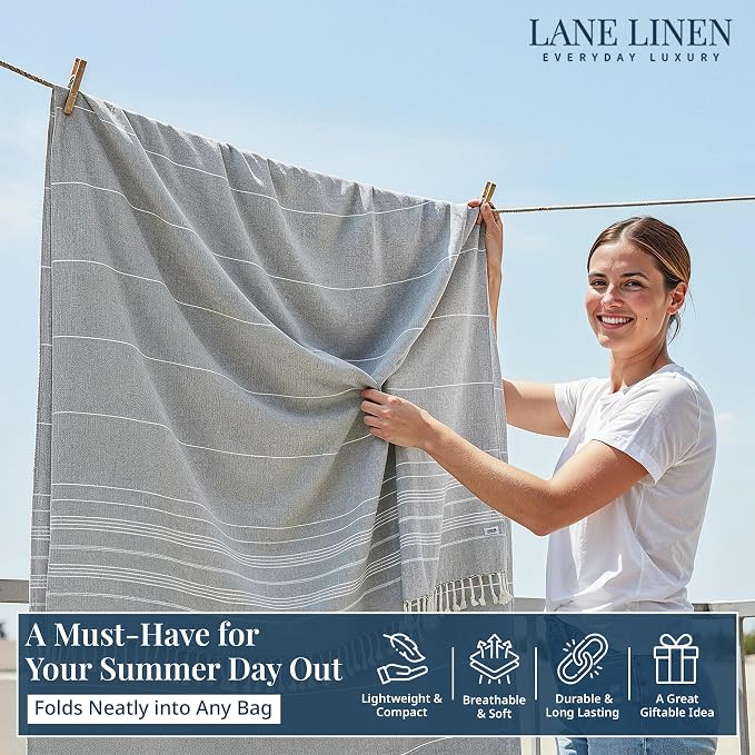 LANE LINEN Beach Blanket Sand Free, Picnic & Giant Beach Towel - Grey | Oversized Beach Towels, 82"x82" - Room For The Whole Family & Friends - Folds Compact, Easy To Carry - Roomy Family Size