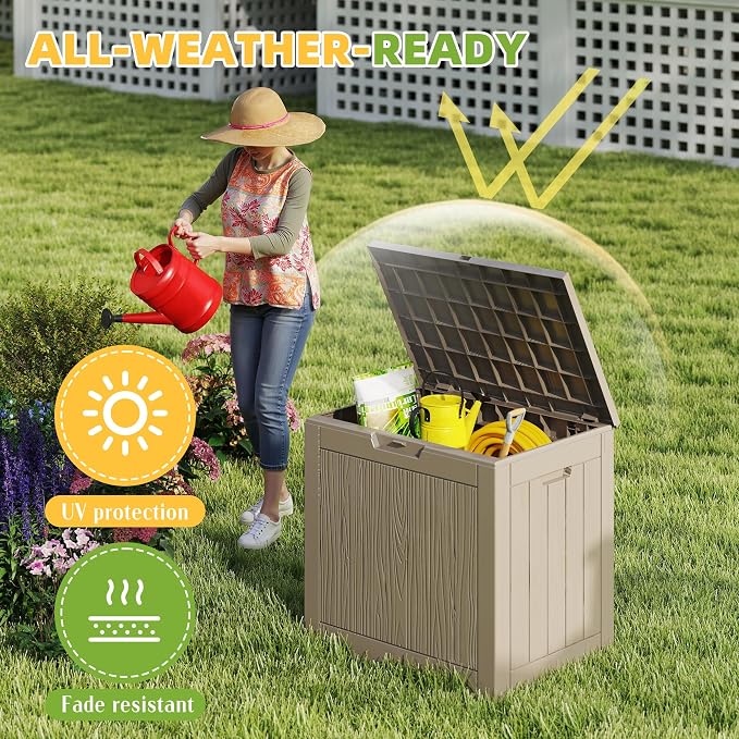 DRATO 35 Gallon Outdoor Storage Box Waterproof, Lockable Resin Deck Box for Patio Furniture, Pool Supplies & Garden Tools, Weatherproof Outside Storage Bin for Backyard Porch (Grey, 35 Gallon)