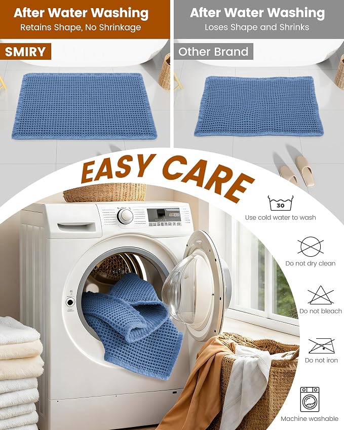 Smiry Waffle Bath Mat 47x24, Extra Soft Absorbent Bathroom Rugs, Non Slip Machine Washable Quick Dry Bath Rugs for Bathroom Floor, Tub, Shower, Home Decor Accessories, Blue
