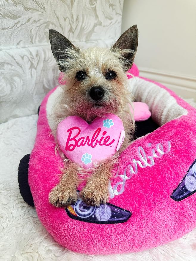 Megatoys Barbie Plush Car Pet Bed- Themed Plush Pink Pet Bed for Dogs and Cats – Soft and Cozy Pet Bed with Barbie Pillow and Car Design