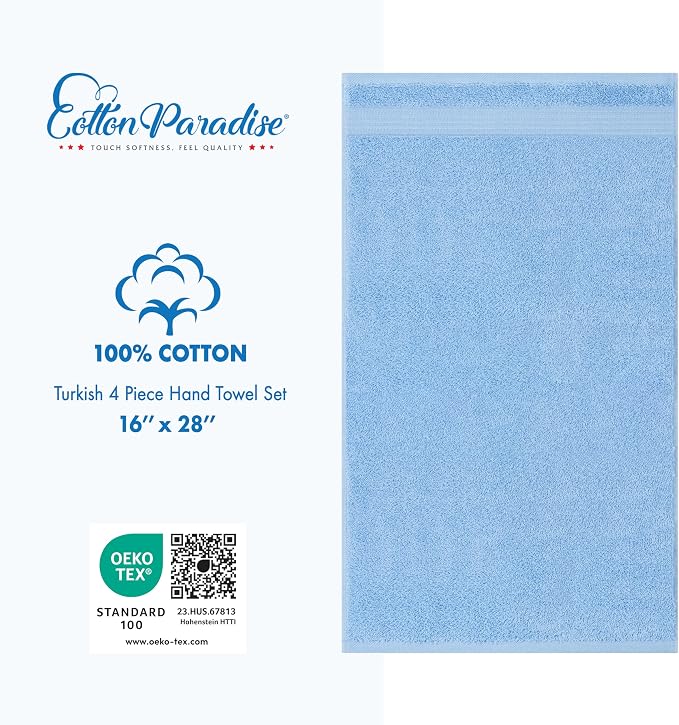 Cotton Paradise 100% Cotton Turkish Towel Set, Soft Absorbent Quick Dry, 4 Piece Hand Towel Set, Sky Blue