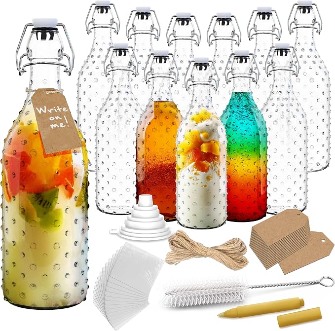 Nevlers 17 Oz Dotted Swing Top Glass Bottles with Airtight Lid | 12 Pack Flip Top Glass Bottle with Lids, Shrink Wrap, Funnel, Brush, Tags & Marker | Fermentation or Kombucha Bottles with Stoppers