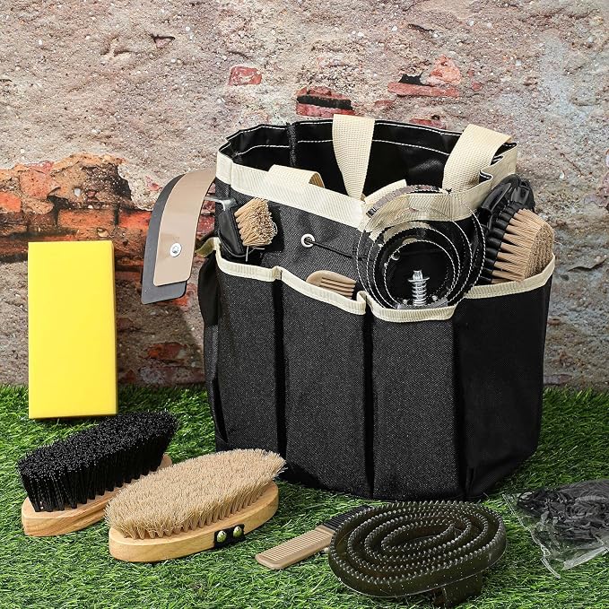Abbylike 12 Piece Horse Grooming Kit with Organizer Tote Bag Brush Sets for Derby Day Show Horses Professional Tools for Care & Massage