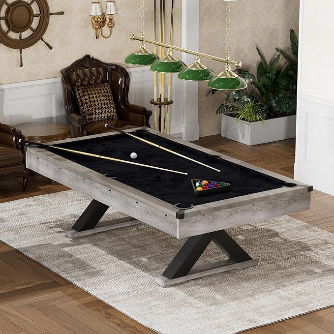 KEIKI 7FT Pool Table with Billiard Balls, Cues, Pool Cue Chalk, | Cleaning Brush, X-Legs, Black Cloth, Rustic Grey